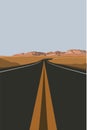 Flat landscape road in the desert with mountain hills vector illustration. Travel, hiking, outdoors and adventure concept. Use as Royalty Free Stock Photo